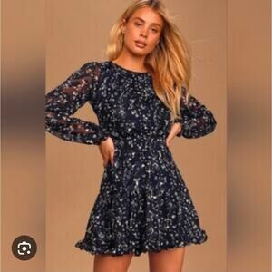 Lulu's Floral Dress Too Cute Navy Blue Smocked Long Sleeve Mini Boho Dainty L